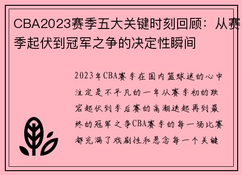 CBA2023赛季五大关键时刻回顾：从赛季起伏到冠军之争的决定性瞬间