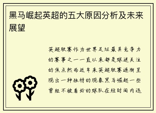 黑马崛起英超的五大原因分析及未来展望